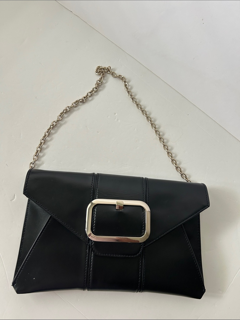 Banana Republic Black Leather Shoulder Bag with Silver Chain and Buckle